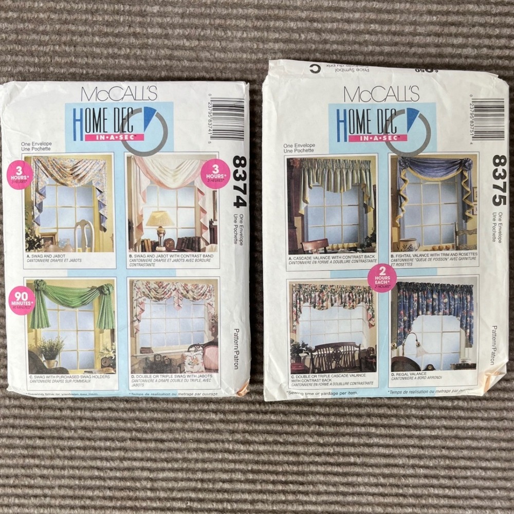 McCall's Home Dec Sewing Patterns 8374‎ 8375 Swags Valances Jabots Lot of 2 1996